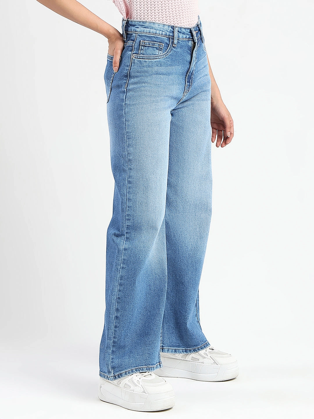 Seasonless wear Suitable Outfit Madame Stone Wash Wide Leg Light Blue Cotton Blend Jeans