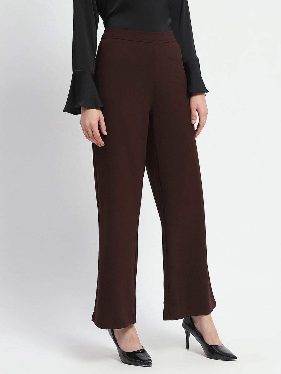 Madame Straight Fit Elasticated Waist Solid Coffee Trousers Dynamic Motion