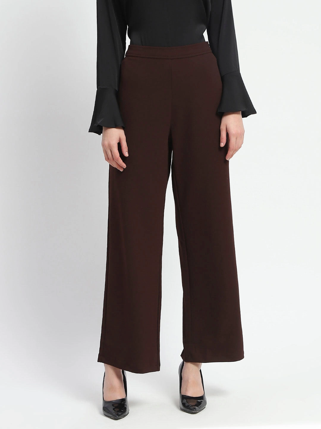 Bootcut shape Madame Straight Fit Elasticated Waist Solid Coffee Trousers