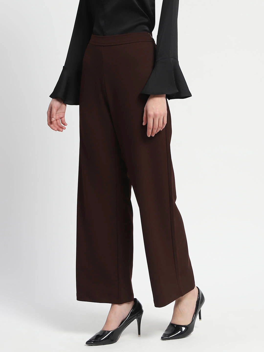 Rest Easy Madame Straight Fit Elasticated Waist Solid Coffee Trousers