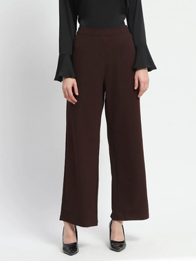 Bootcut shape Madame Straight Fit Elasticated Waist Solid Coffee Trousers