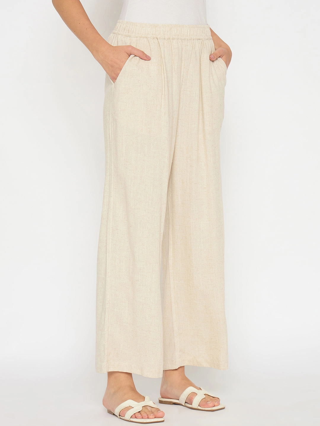 Minimal Vibe Madame Straight Fit Solid Beige Rayon Blend Trousers