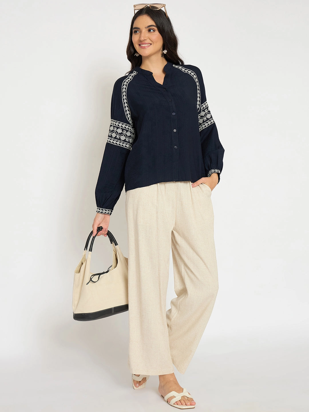 Madame Straight Fit Solid Beige Rayon Blend Trousers Street Comfort