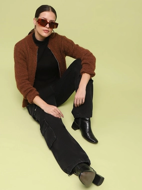 Allergen Free Processing Cozy Fit Madame Stripe Detailed Zipped Tan Sweater