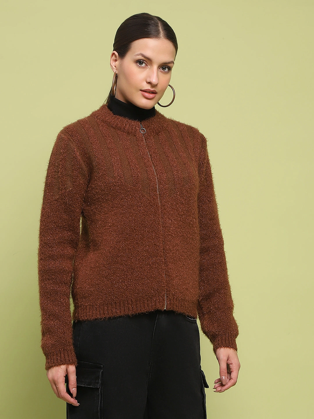 Sleek Layers Madame Stripe Detailed Zipped Tan Sweater