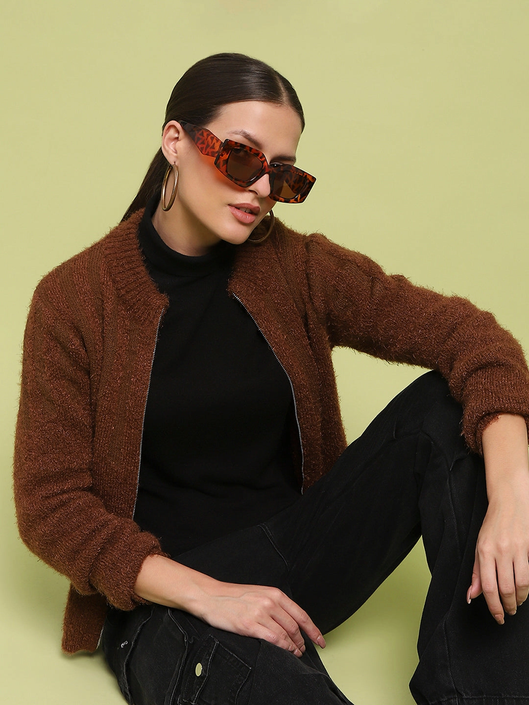 Madame Stripe Detailed Zipped Tan Sweater Comfy Waistband