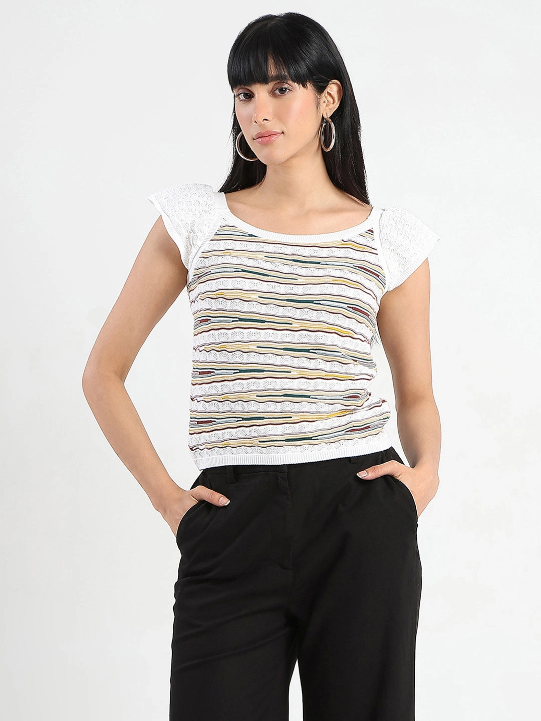 Madame Striped Crochet Multicolor Knit Cotton Crop Top Tear Resistant Weave