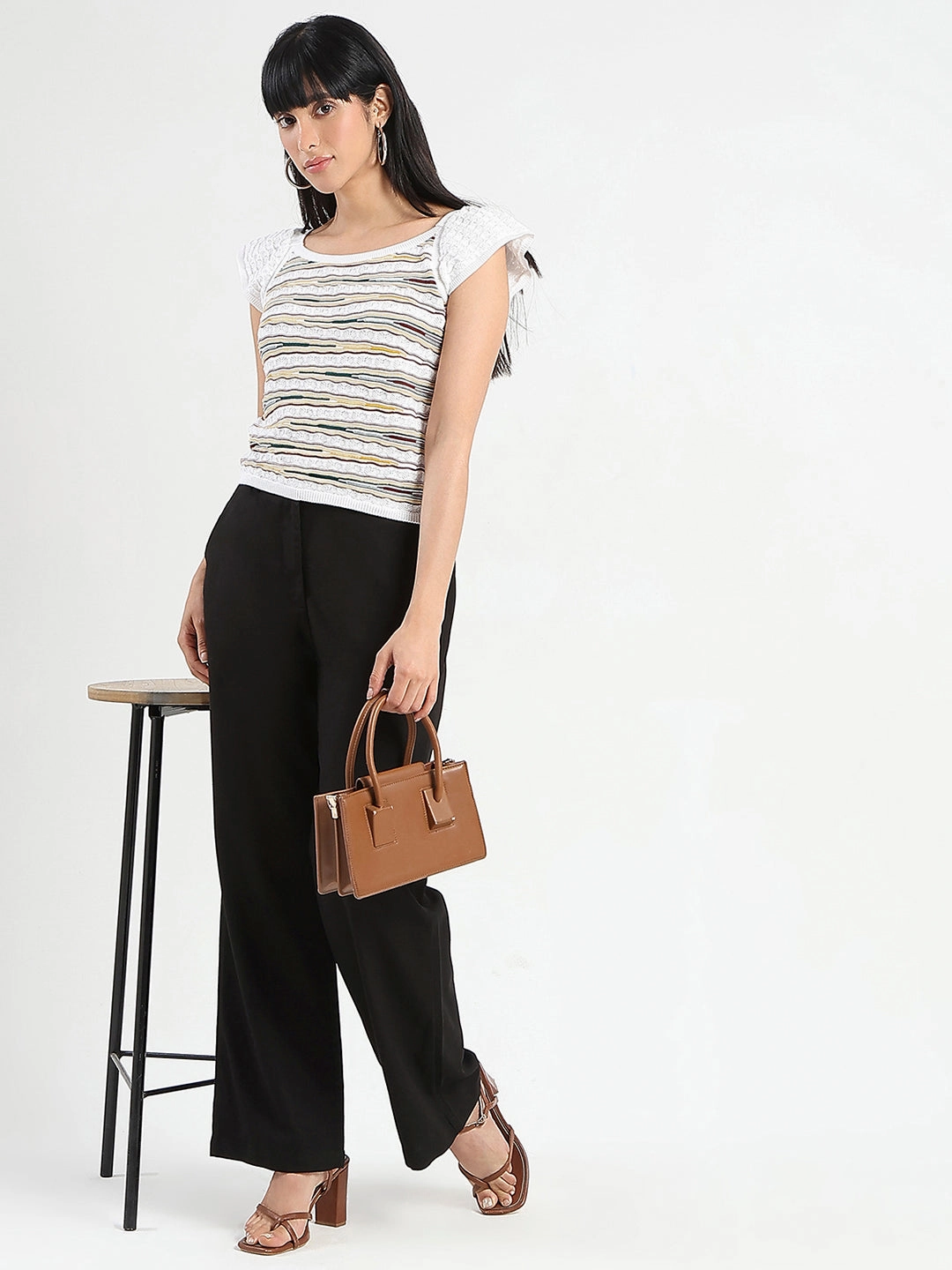 PolishedFinish Stretch Fit Top Madame Striped Crochet Multicolor Knit Cotton Crop Top