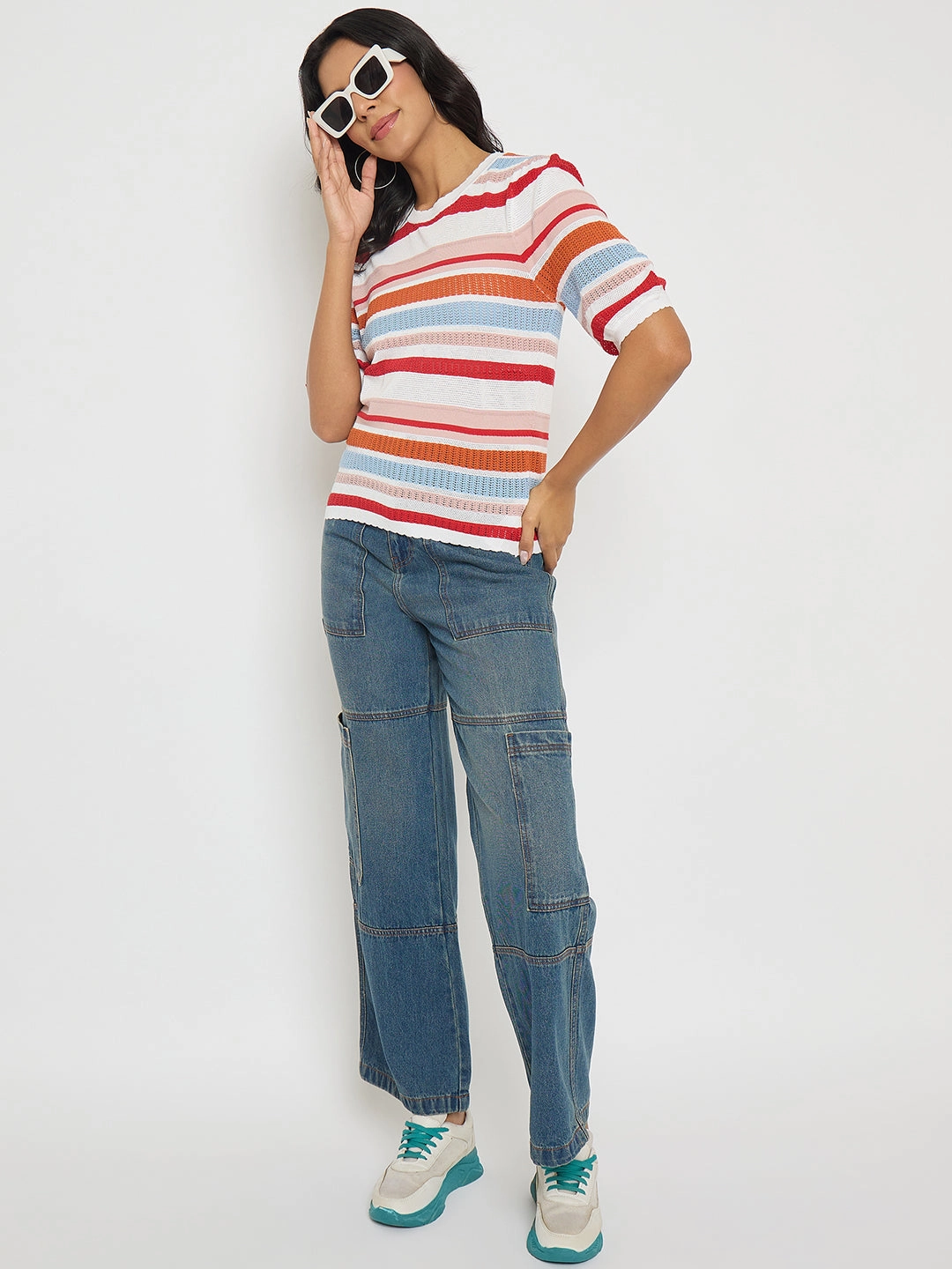 Madame Striped Multi-Color Open Stitch Knitted Top Friction Resistant Finish