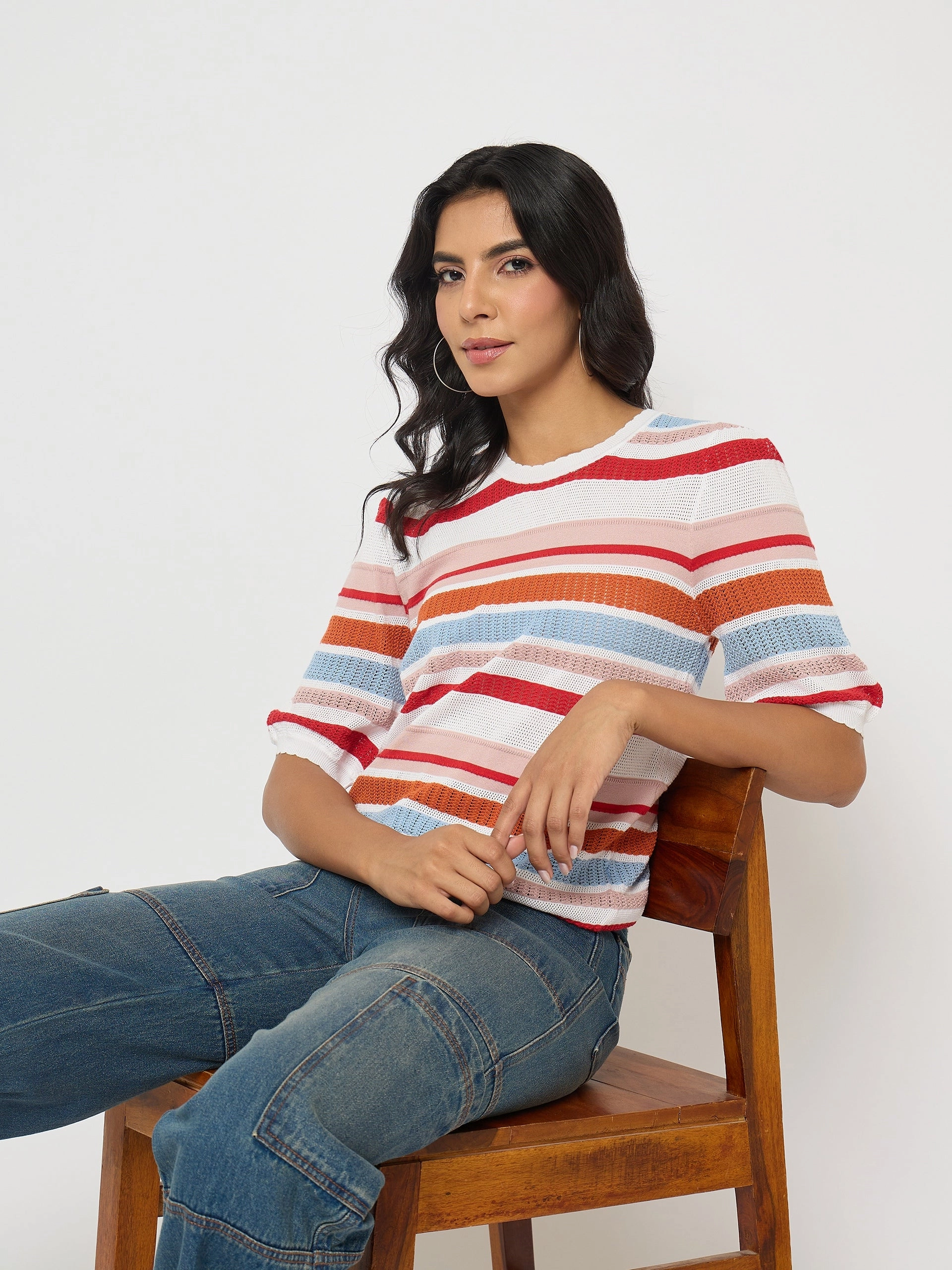 FlexibleRibbing Madame Striped Multi-Color Open Stitch Knitted Top