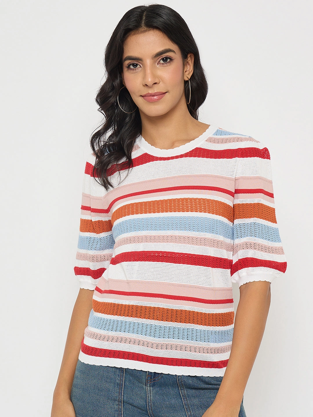 Non Chafe Armholes Madame Striped Multi-Color Open Stitch Knitted Top