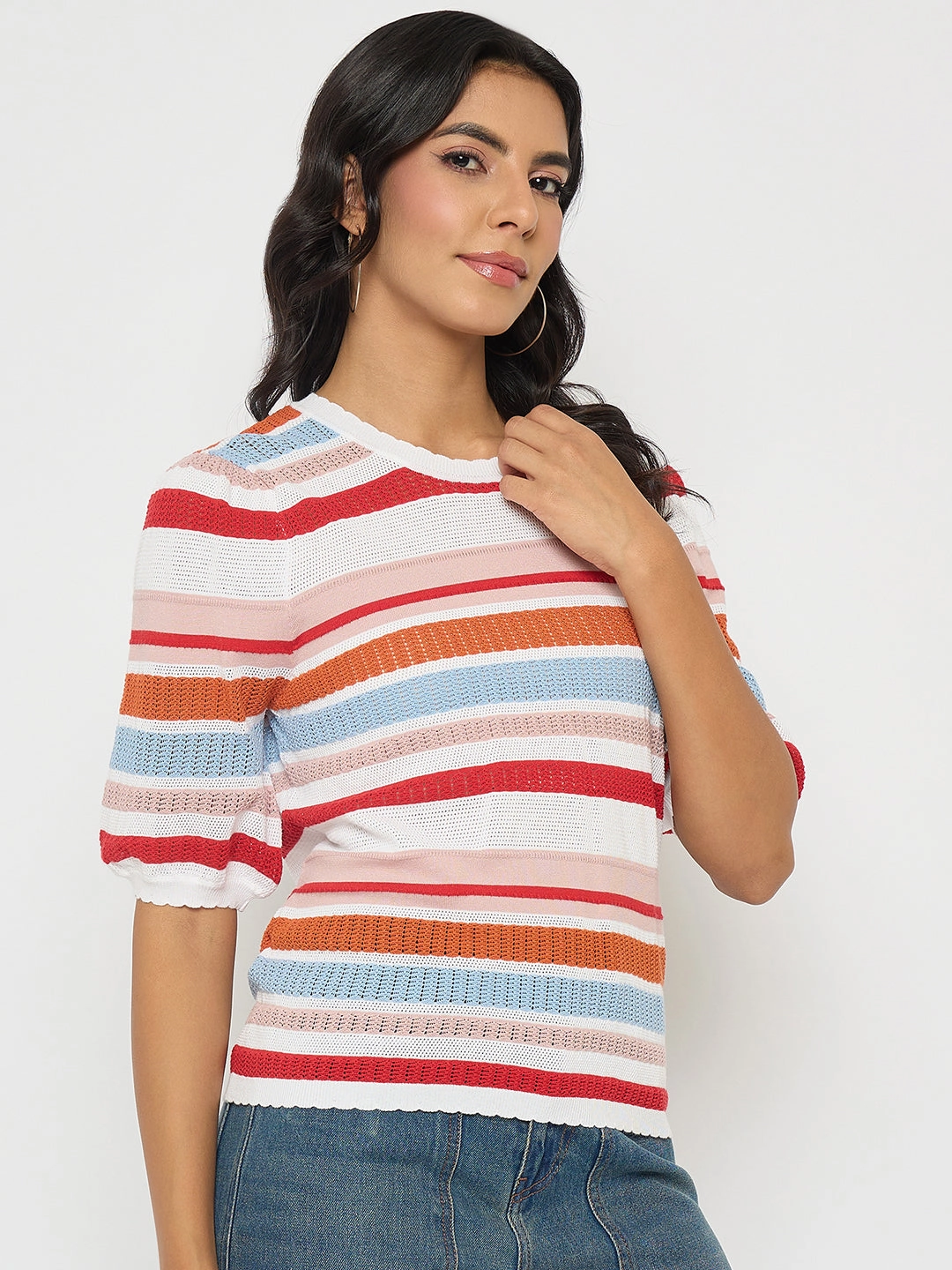 Madame Striped Multi-Color Open Stitch Knitted Top NonIrritatingEdges Minimalist Styling