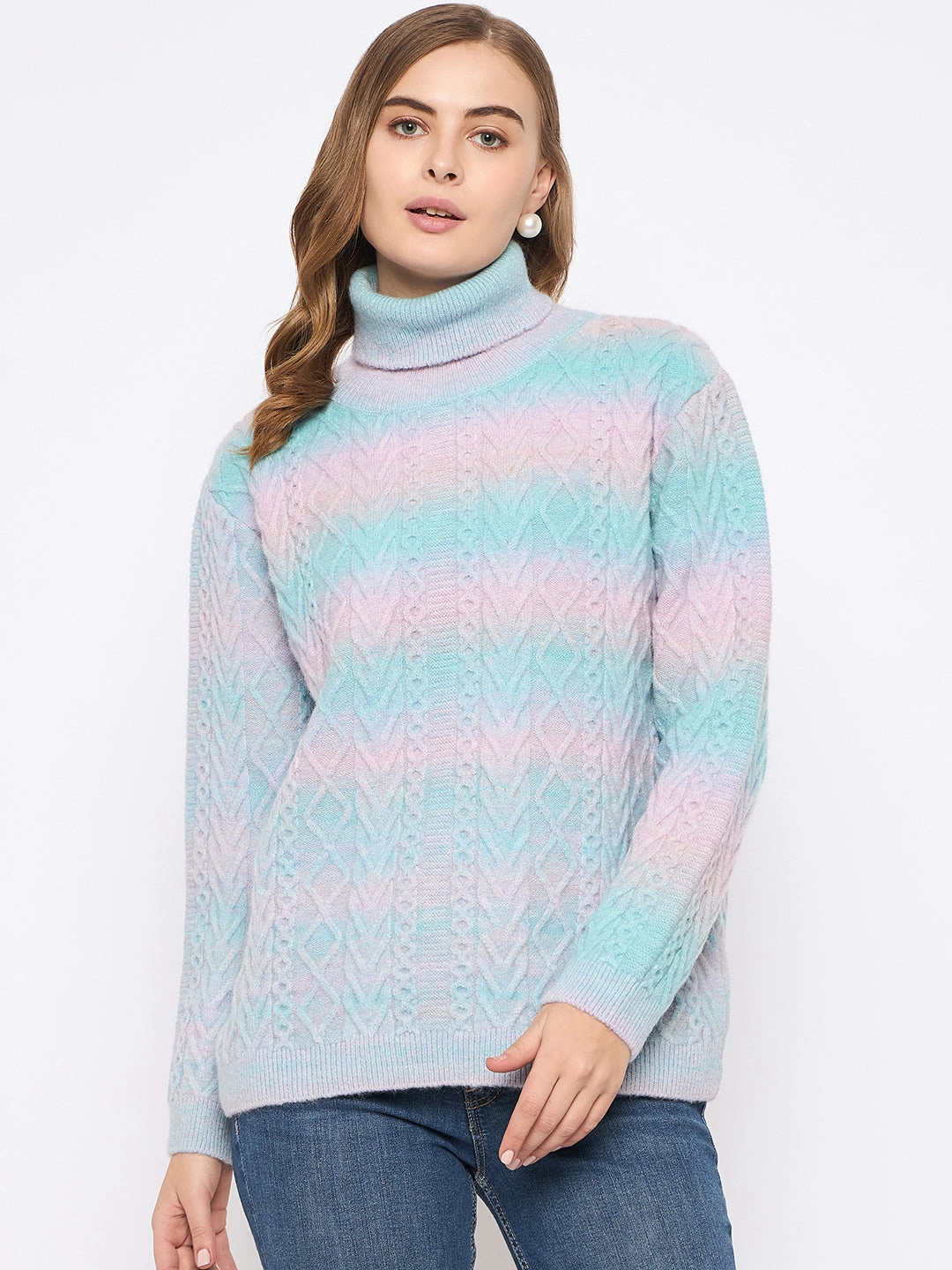 Madame Striped Multicolor Turtleneck Sweater Fashionable Knit
