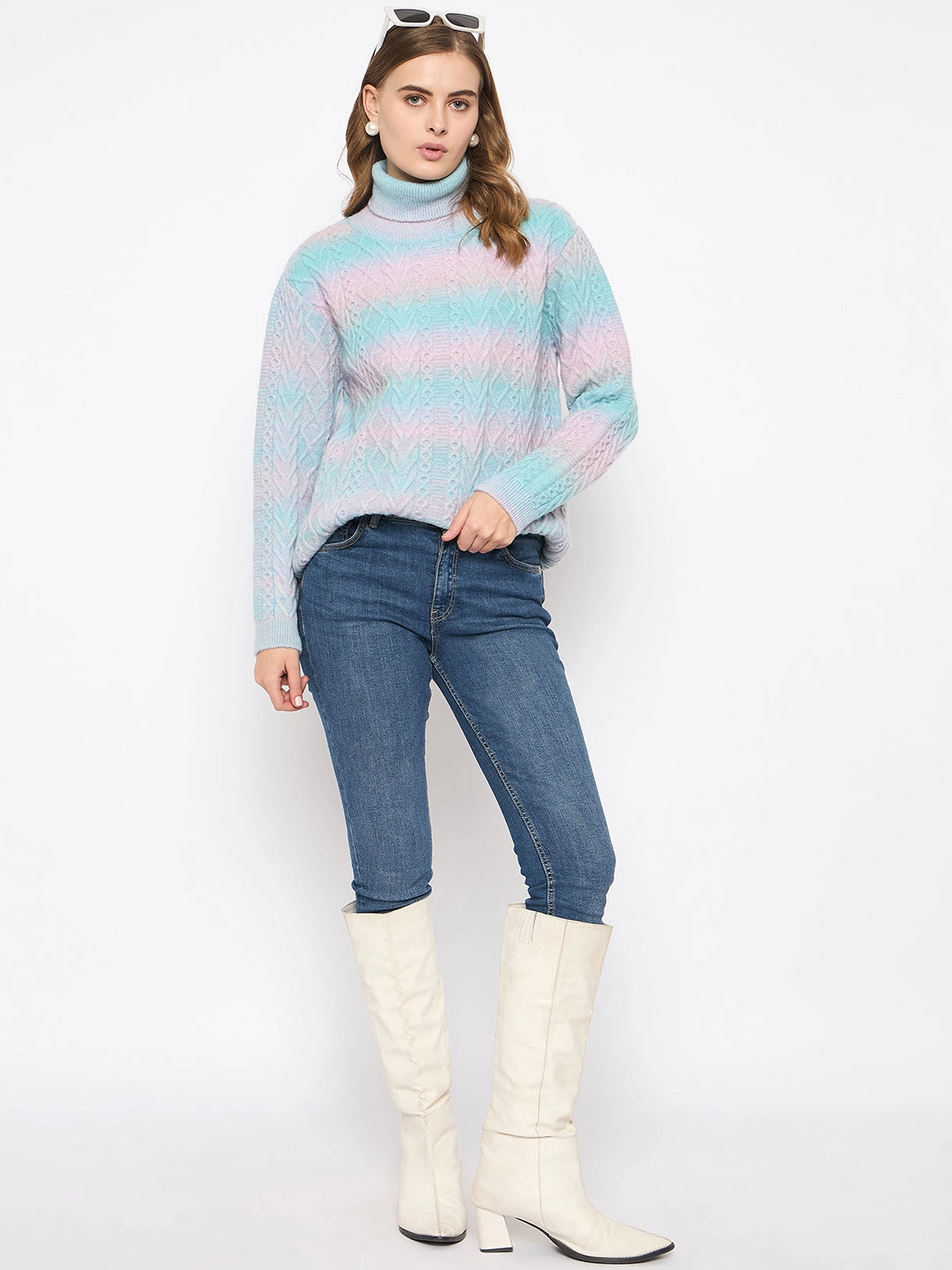 Winter Essential Quick Fit Wear Madame Striped Multicolor Turtleneck Sweater