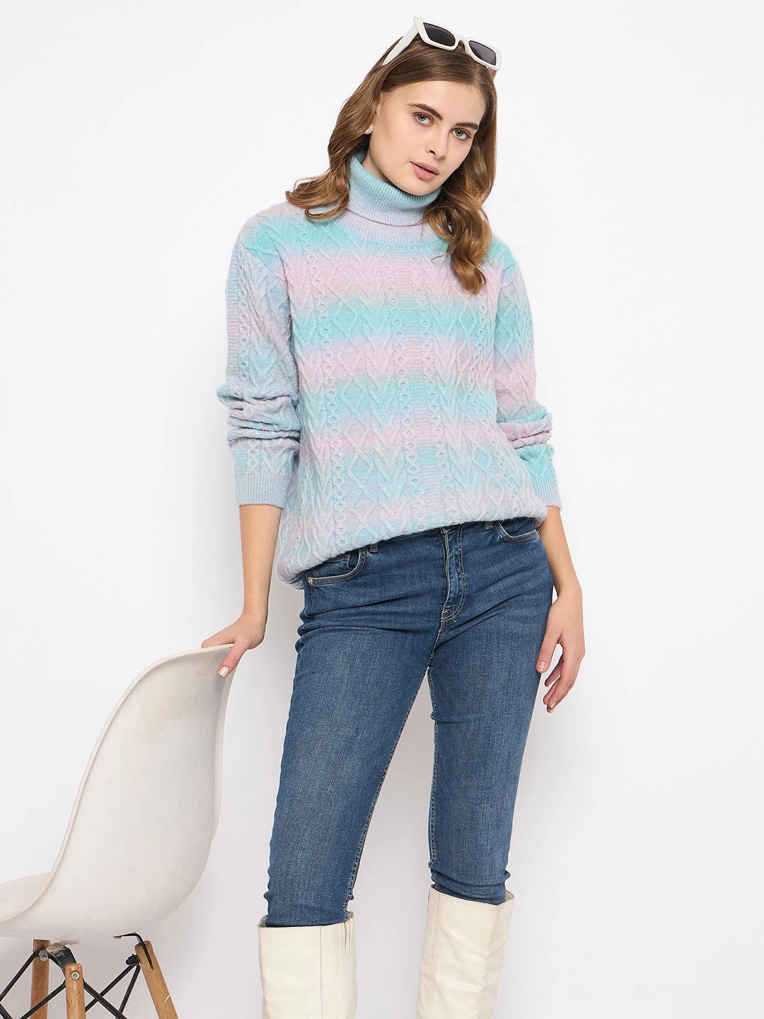 Madame Striped Multicolor Turtleneck Sweater Warm Layering Stretch Comfort