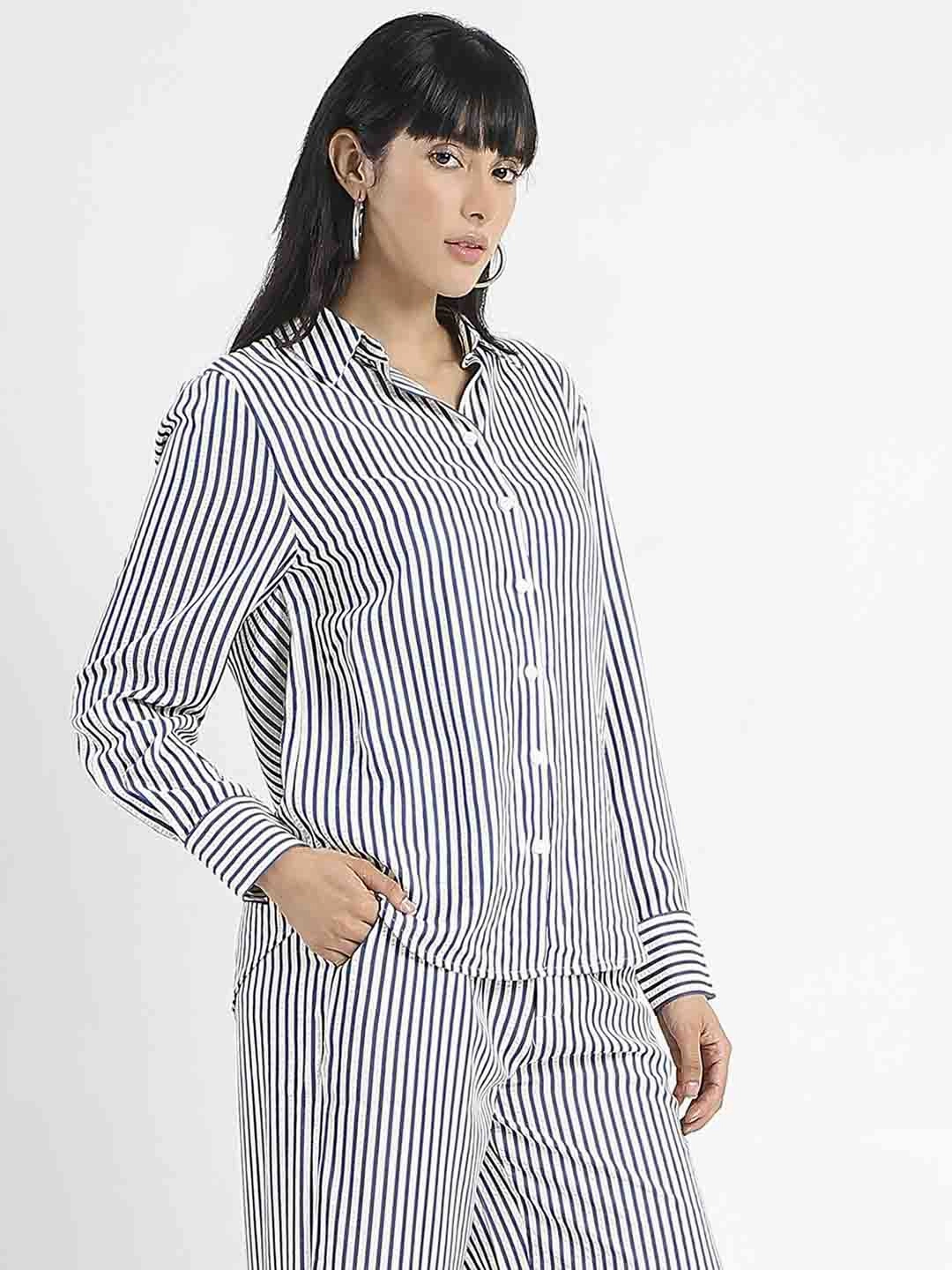 Resort Wear Madame Striped Navy Blue Cotton Blend Shirt