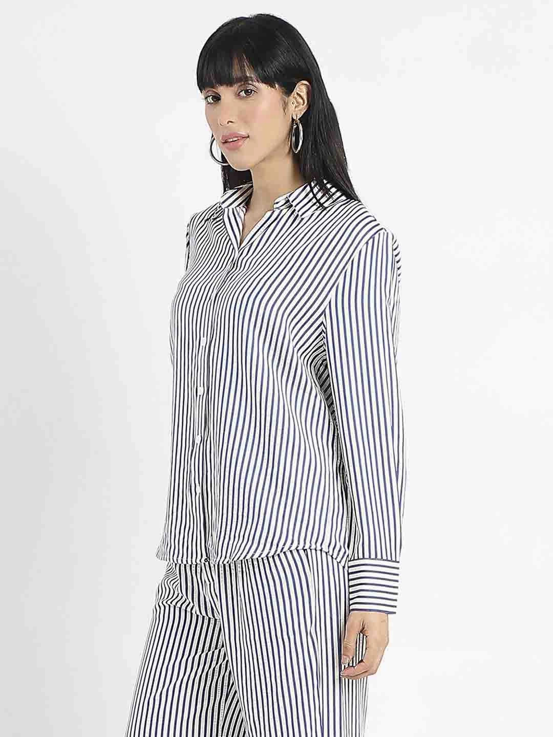 Bold Hue Madame Striped Navy Blue Cotton Blend Shirt