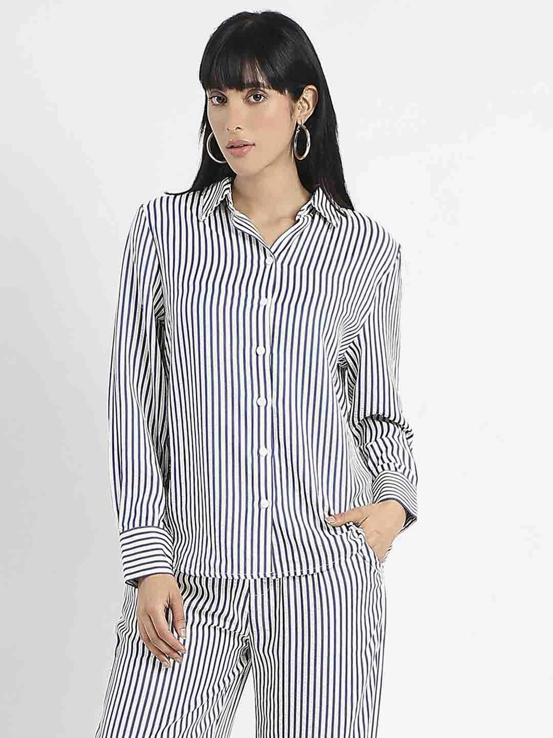 UV Protective Coating Brushed Inner Lining Madame Striped Navy Blue Cotton Blend Shirt