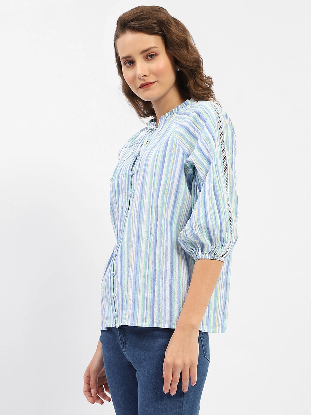 Madame Striped Sky Blue Raglan Sleeve Shirt Tailored Silhouette Vibrant color