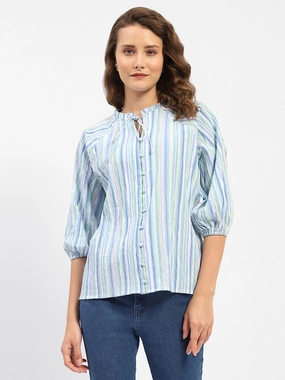Madame Striped Sky Blue Raglan Sleeve Shirt Reinforced Buttonholes Modern Cut