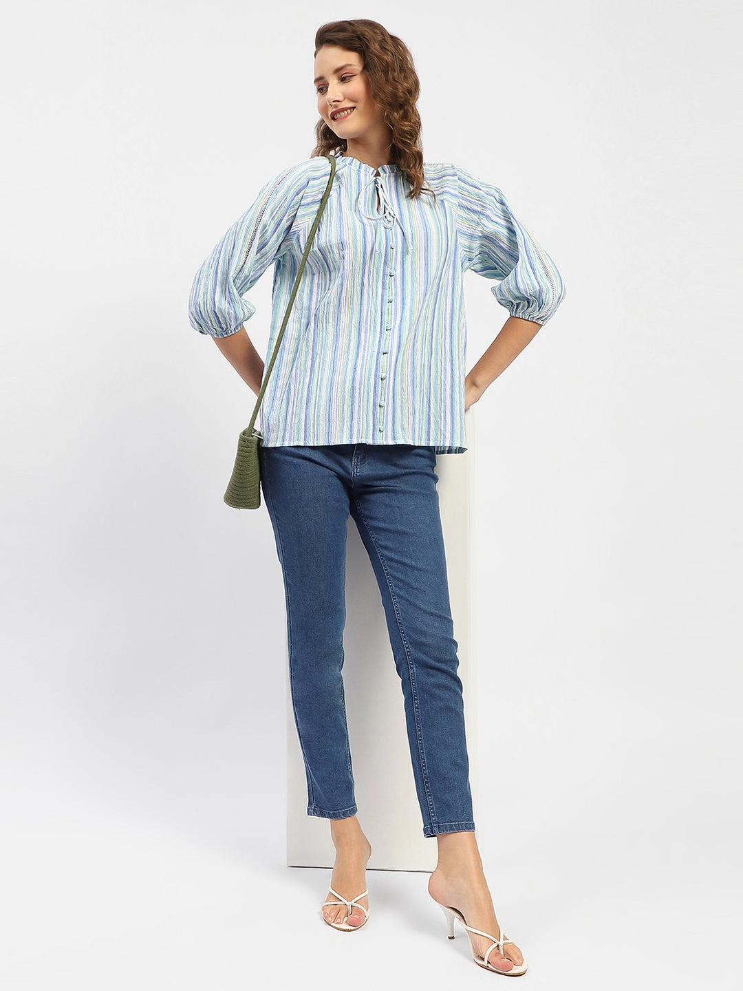 Madame Striped Sky Blue Raglan Sleeve Shirt Work-to-Weekend Autumn Look