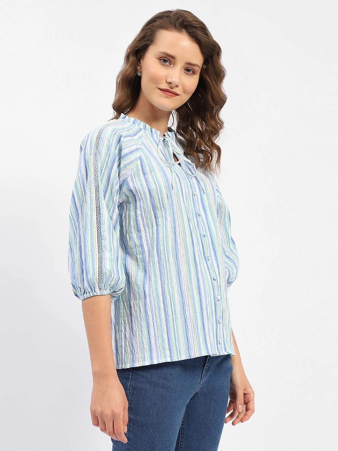 Black Tie Optional Classic Style Madame Striped Sky Blue Raglan Sleeve Shirt
