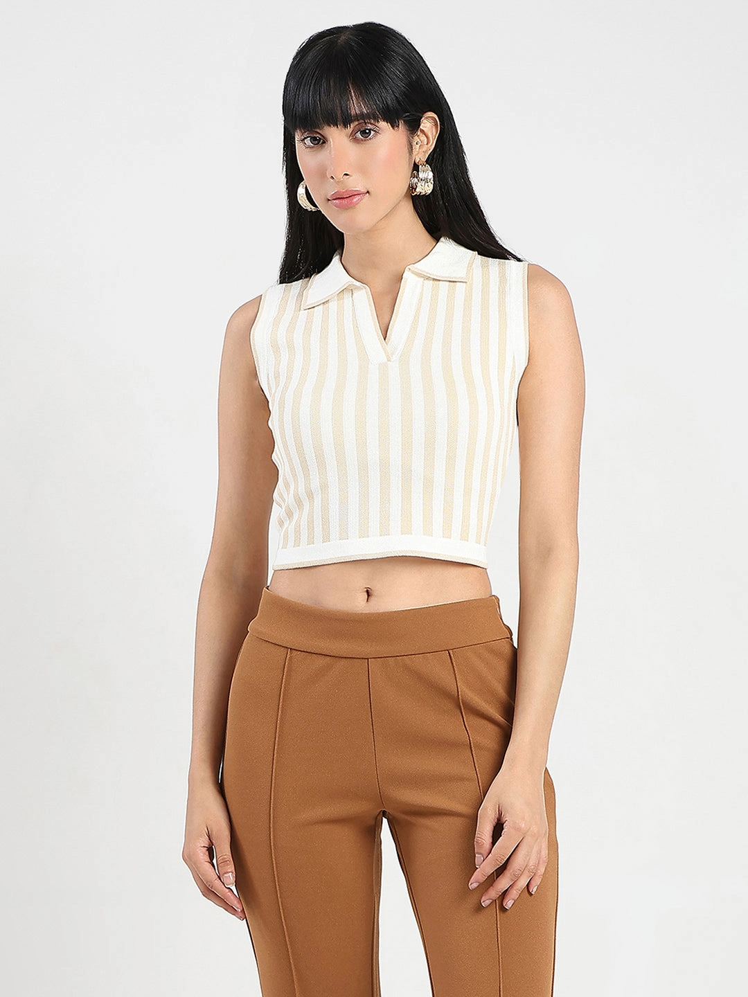 Madame Striped Wing Neck Beige Knitted Crop Top AntiFade Treatment