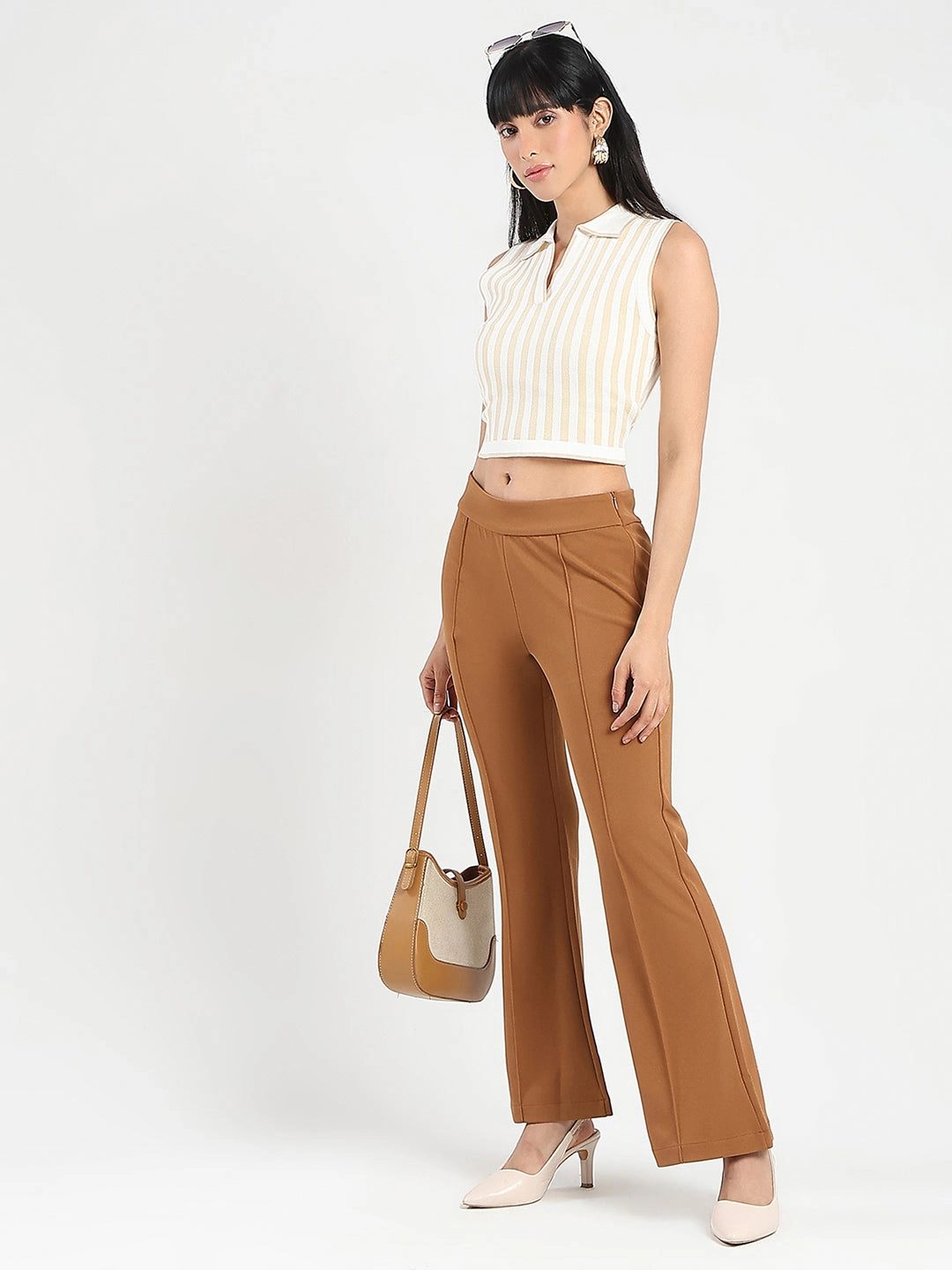 Comfortable Wear LightReflective Madame Striped Wing Neck Beige Knitted Crop Top