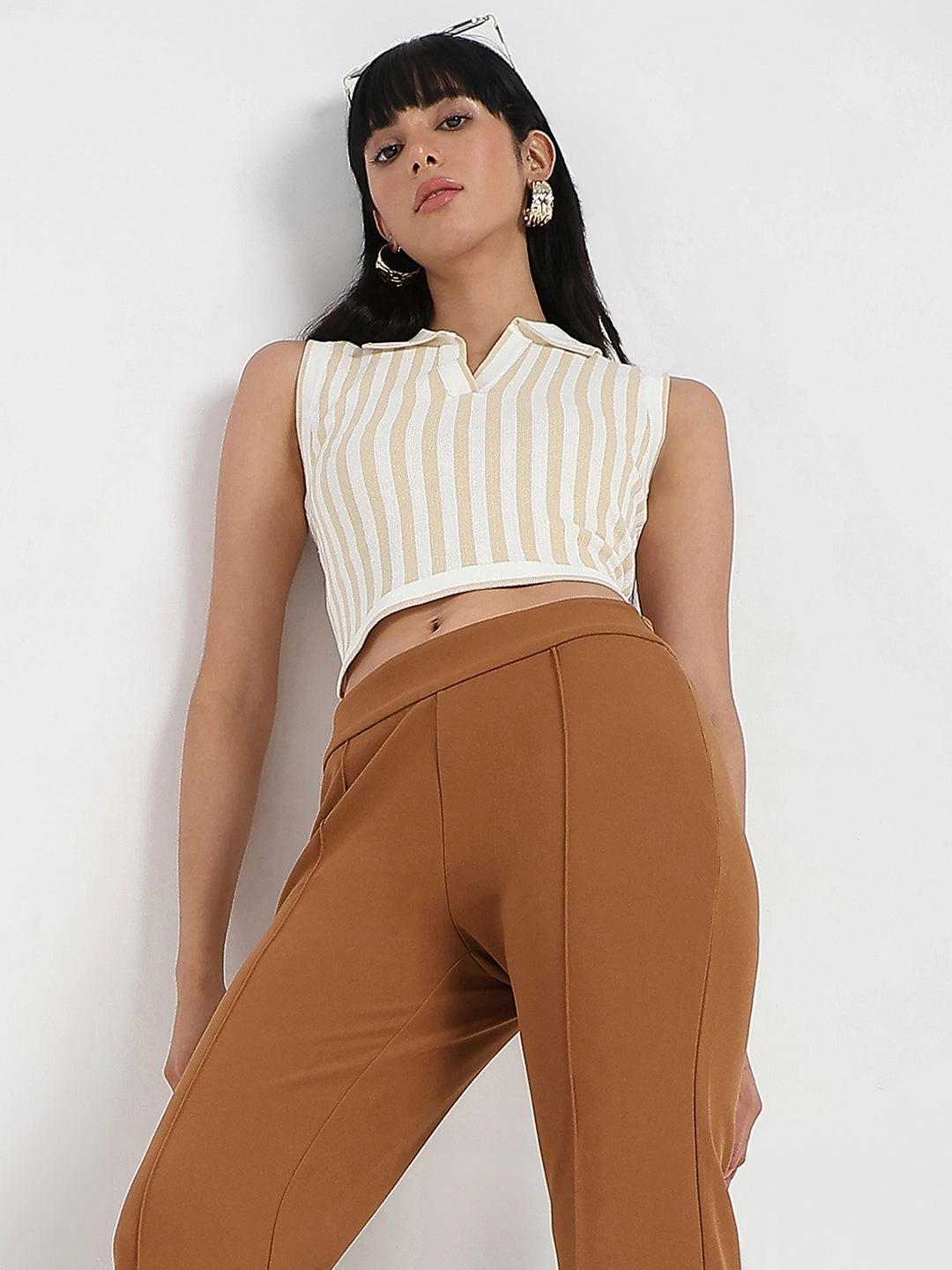 Madame Striped Wing Neck Beige Knitted Crop Top FrictionReducing