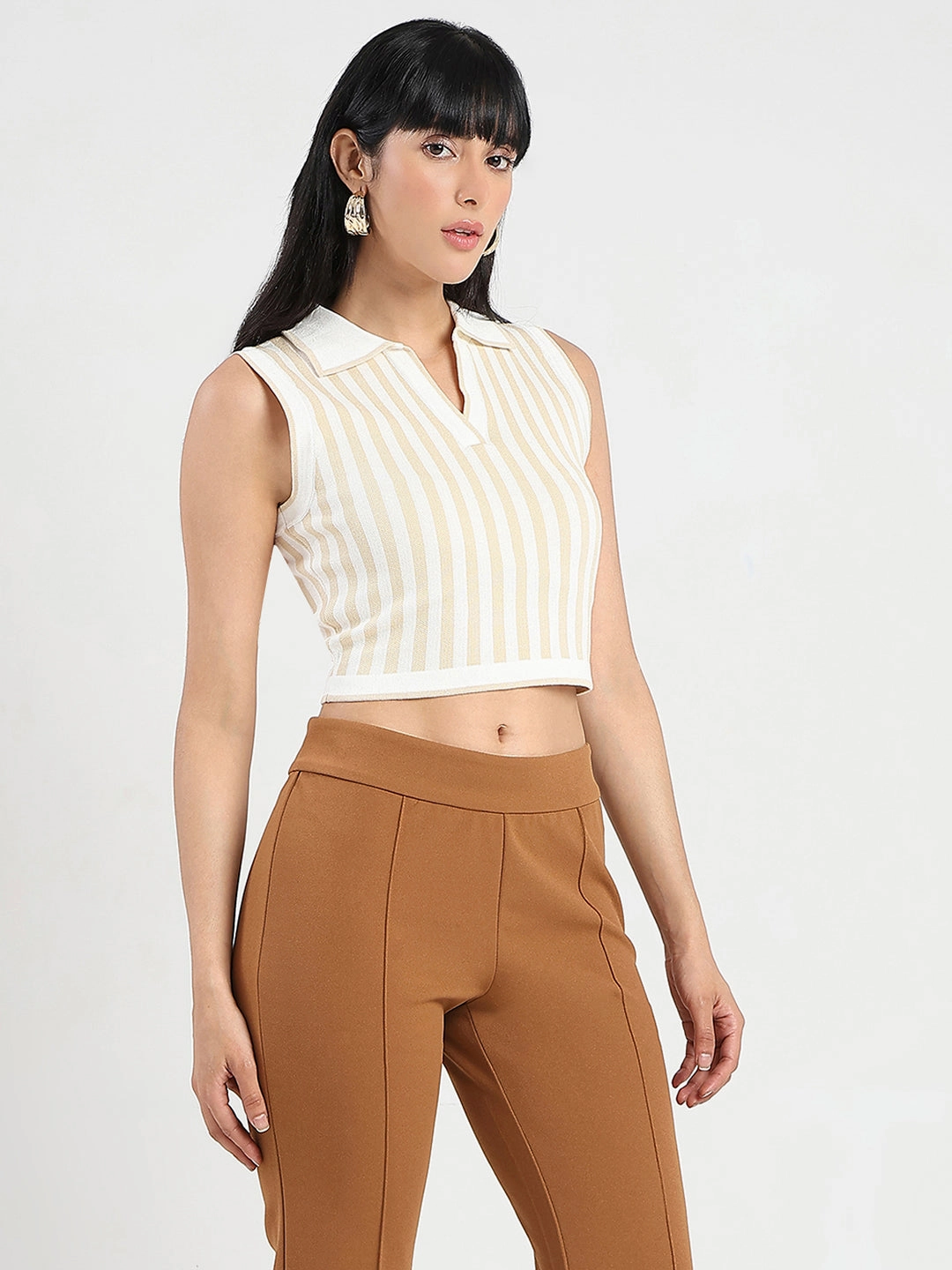 HeavyweightThermal Brushed Interior Madame Striped Wing Neck Beige Knitted Crop Top