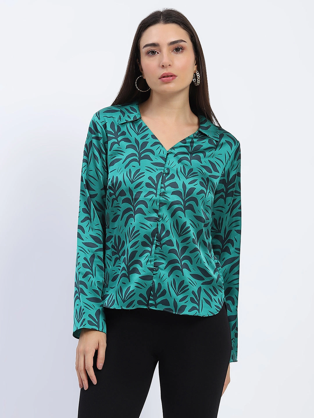 Madame Stylish Teal Green Leaf Print Shirt with Long Sleeves Abstract print Low Profile Pocket Design