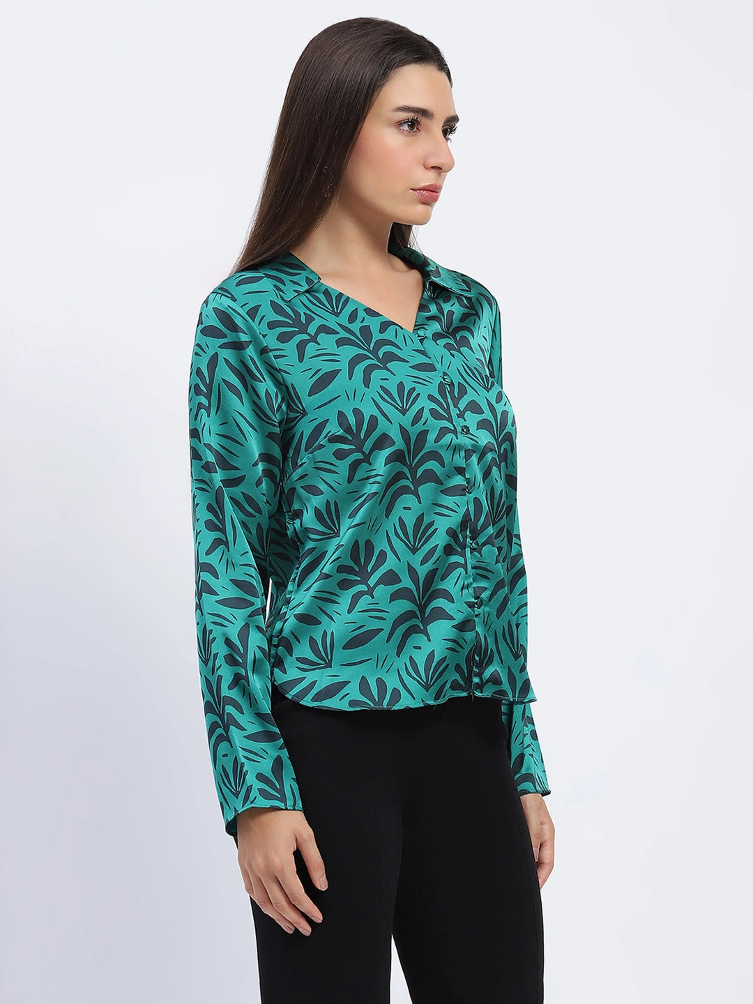 Madame Stylish Teal Green Leaf Print Shirt with Long Sleeves Customizable Option Chill Comfort