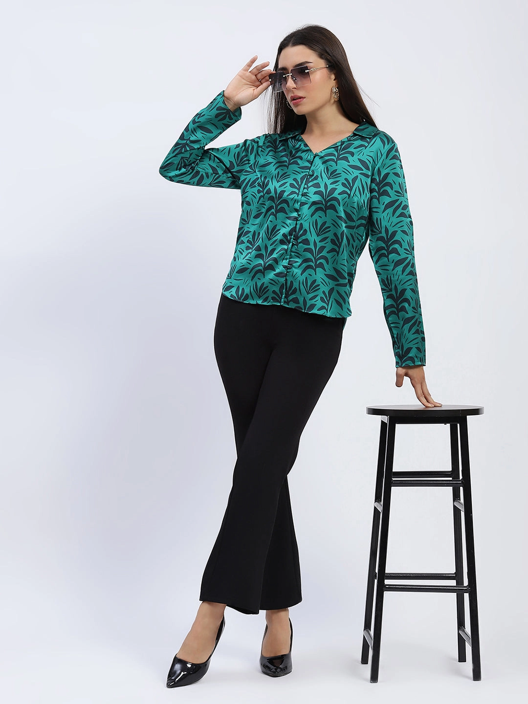 Everyday Essential Madame Stylish Teal Green Leaf Print Shirt with Long Sleeves