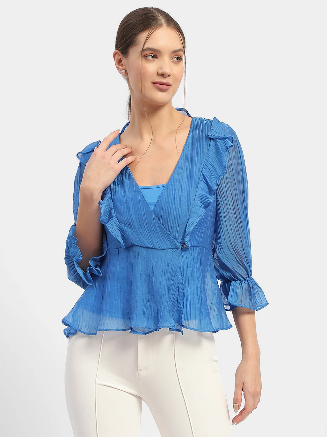 Madame Surplice Neck Royal Blue Poet Sleeve Top Ribbed Trim Details