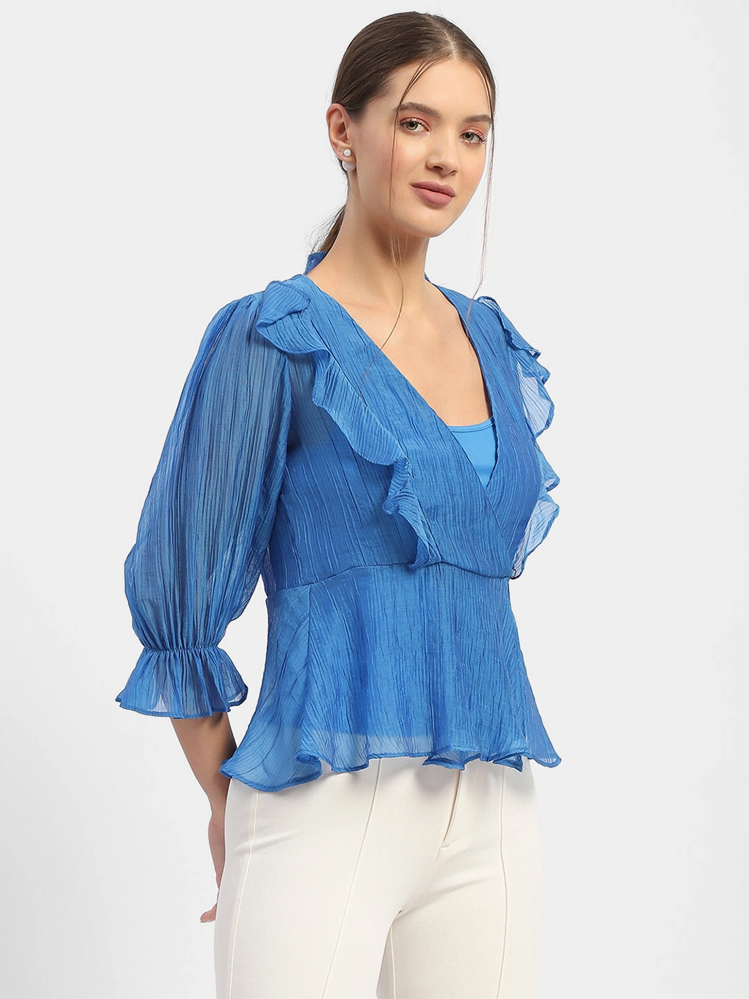 AntiPilling Madame Surplice Neck Royal Blue Poet Sleeve Top