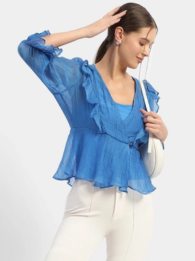 Madame Surplice Neck Royal Blue Poet Sleeve Top Non Chafing Side Seams