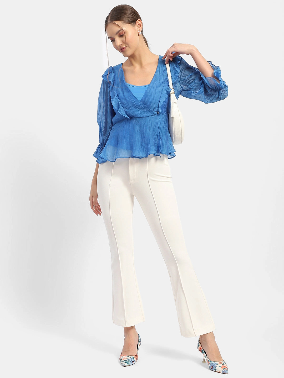 Madame Surplice Neck Royal Blue Poet Sleeve Top Wrinkle Resistant Texture