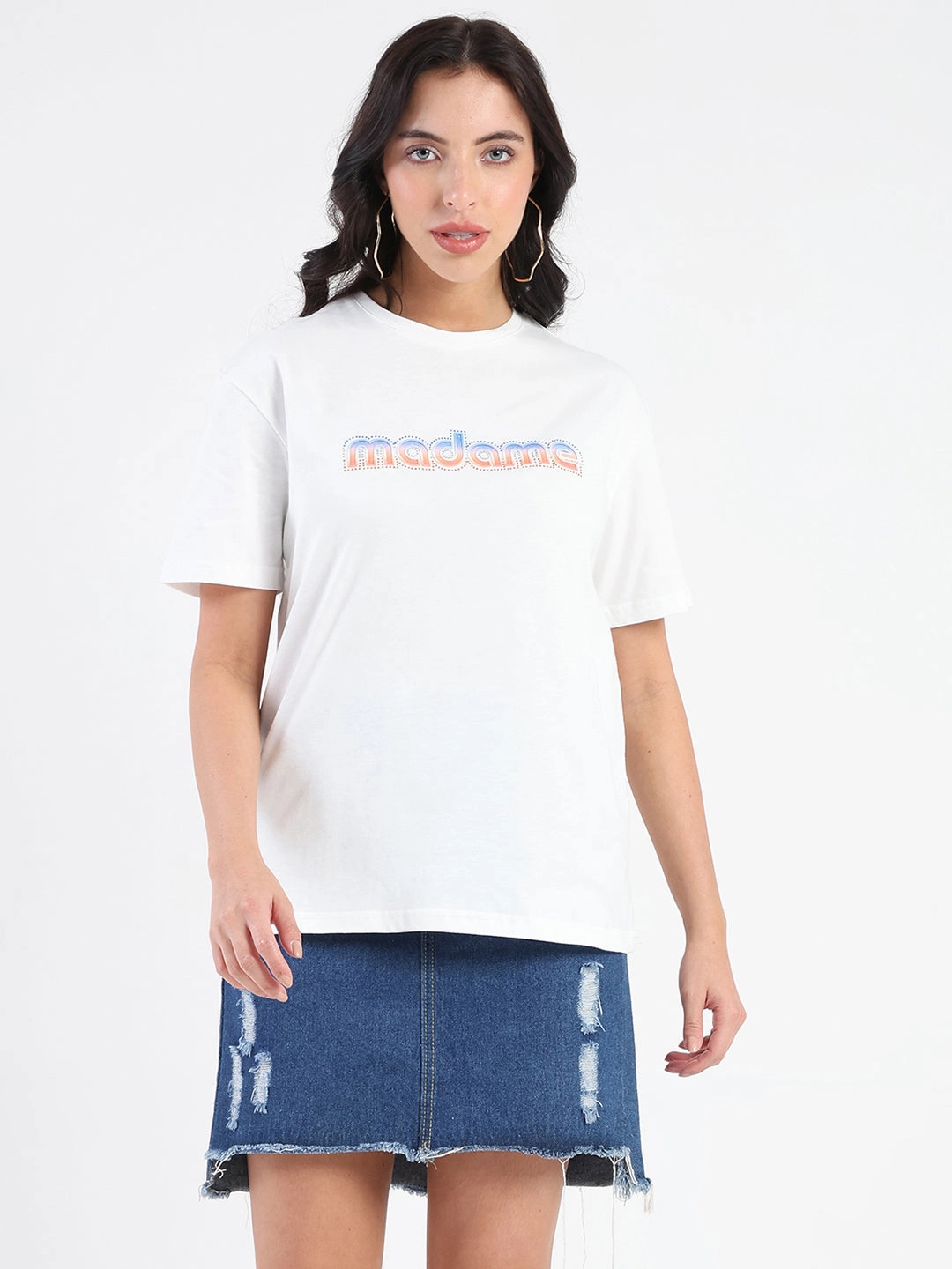 Brushed Interior Sweat Absorbent Inner Layer Madame Swarovski and Graphic Print White Cotton T-shirt