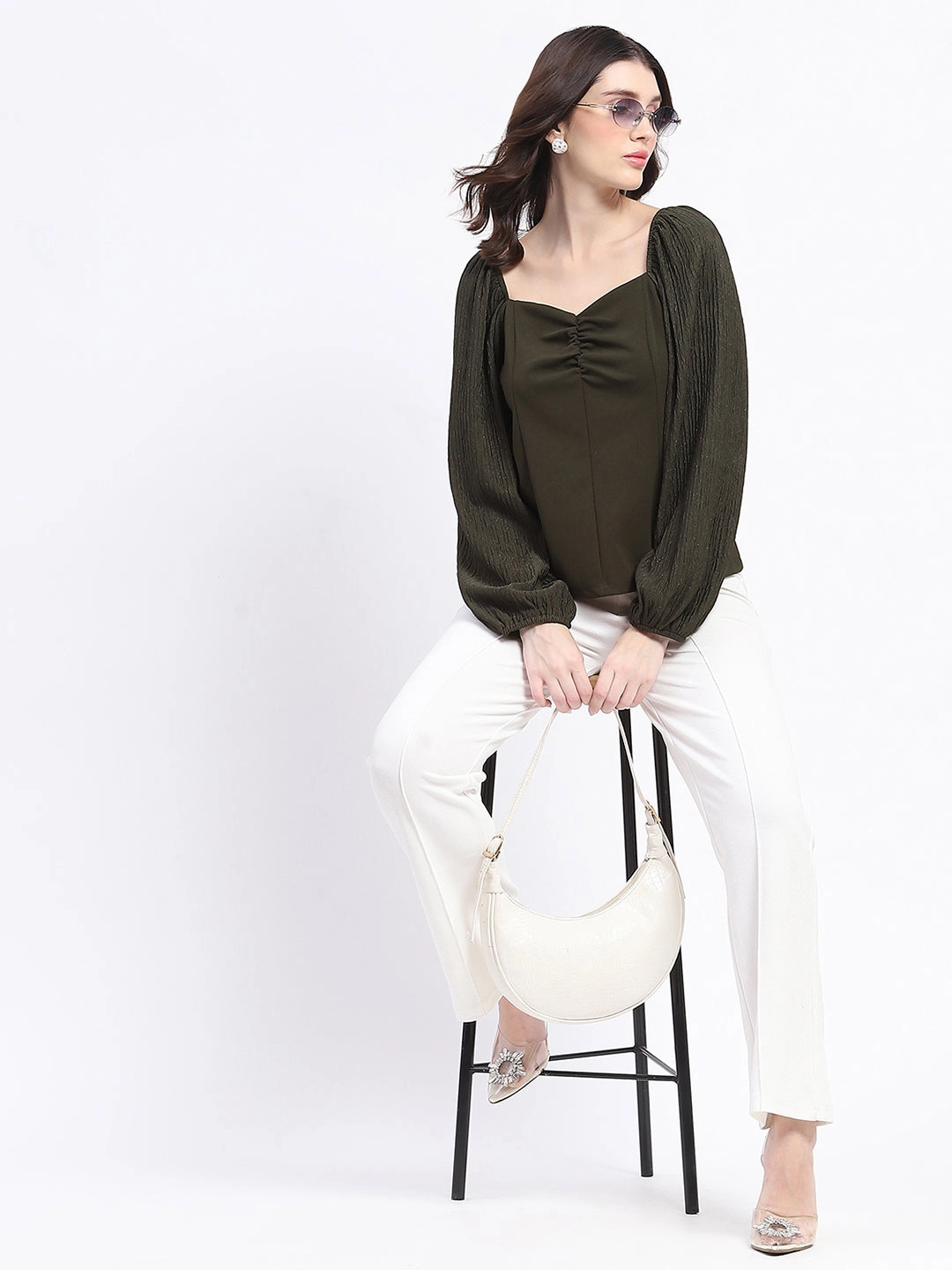 FadeResistant Coating Casual Sweater Madame Sweetheart Neck Elasticated Rush Detailed Solid Olive Knit moss Top