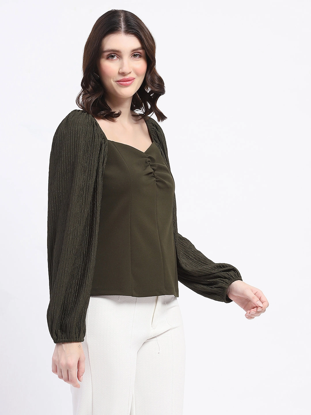 AntiBacterial Coating Madame Sweetheart Neck Elasticated Rush Detailed Solid Olive Knit moss Top
