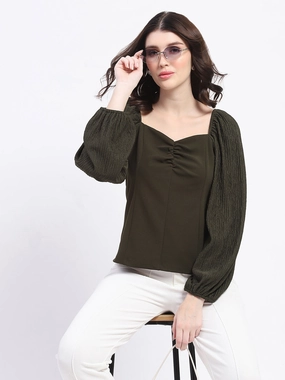 SmoothZipper Anti Pill Finish Madame Sweetheart Neck Elasticated Rush Detailed Solid Olive Knit moss Top