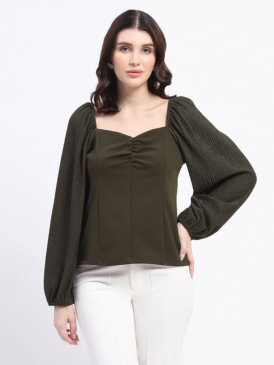 Madame Sweetheart Neck Elasticated Rush Detailed Solid Olive Knit moss Top Reinforced Shoulder Reinforced Hem Stitching
