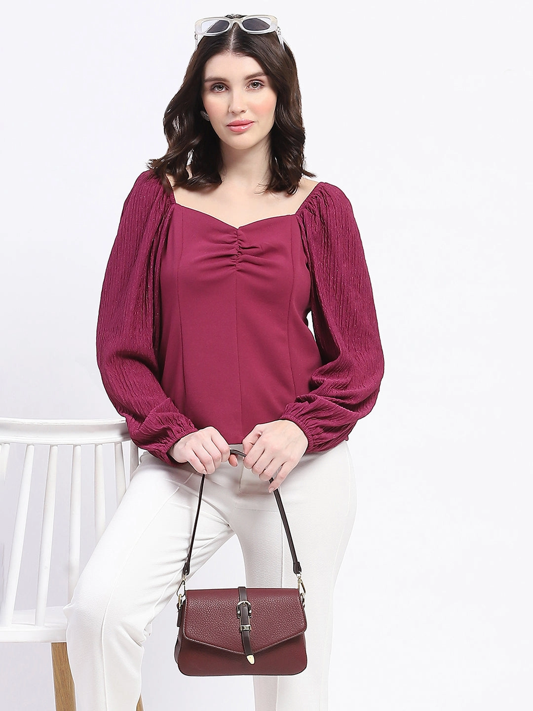 DoubleStitched Hem Distressed Texture Madame Sweetheart Neck Elasticated Rush Detailed Solid Plum Knit moss Top