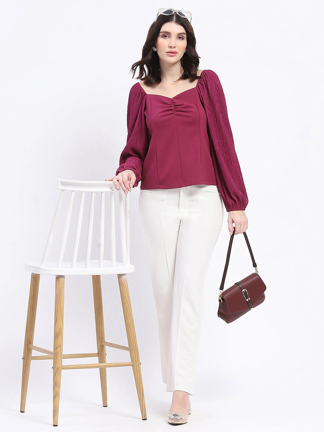 Simple Dress Madame Sweetheart Neck Elasticated Rush Detailed Solid Plum Knit moss Top