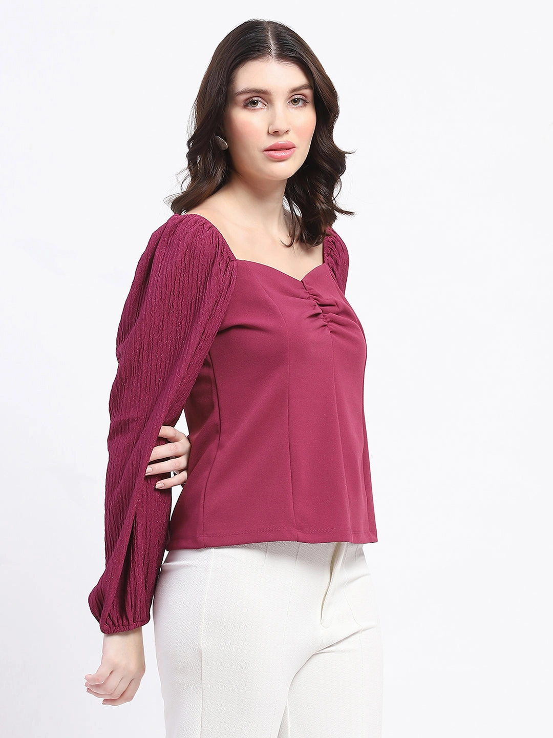 Madame Sweetheart Neck Elasticated Rush Detailed Solid Plum Knit moss Top FourWay Stretch Fabric Compression Gradient