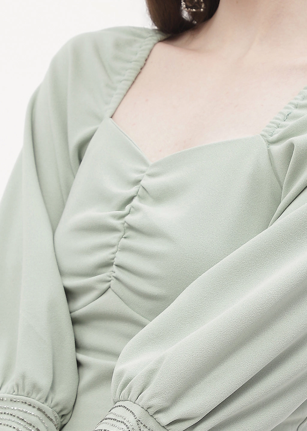 Madame Sweetheart Neck Sage Green Embellished Cuffs Top Machine Washable Fabric Cool and Breezy