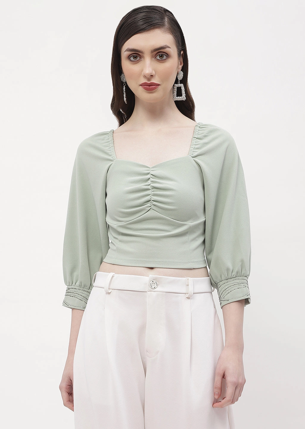 AdjustableHem Madame Sweetheart Neck Sage Green Embellished Cuffs Top