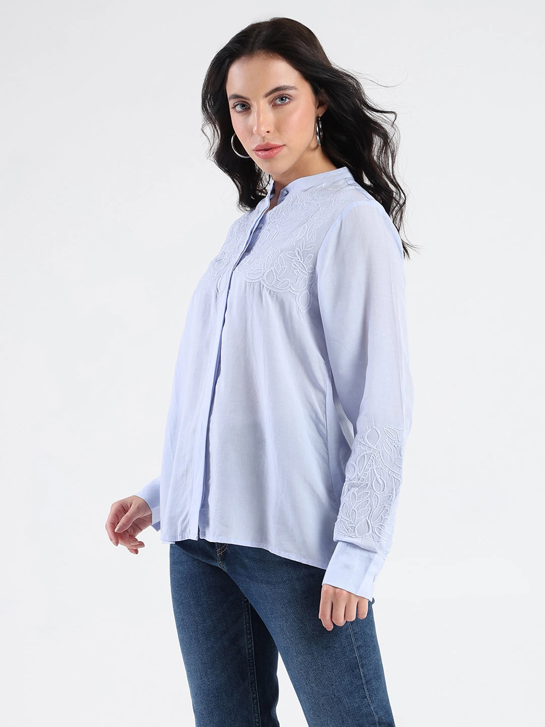 Madame Tencel Blend Embroidery Detail Blue Shirt Stylish Appearance