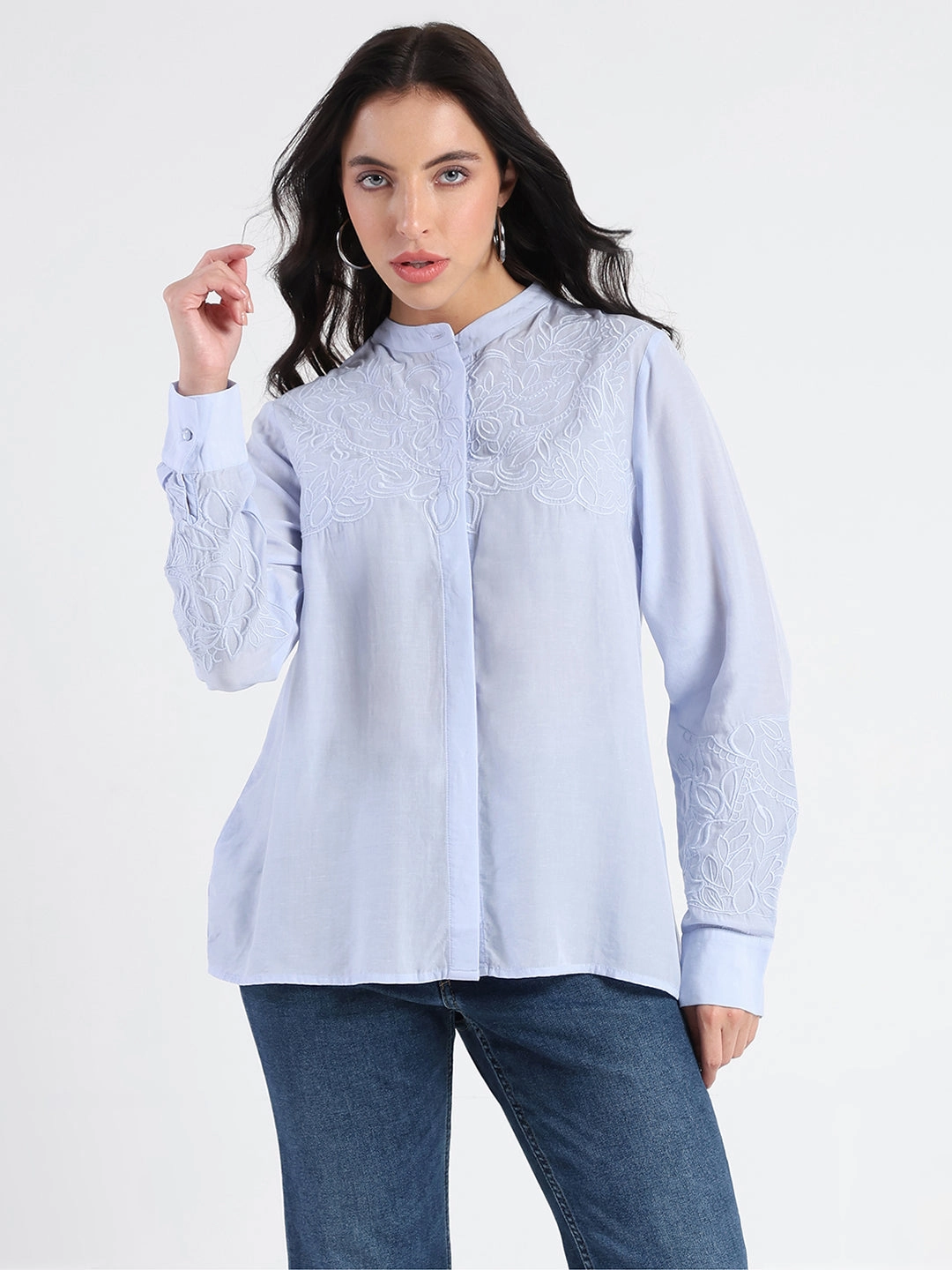 Madame Tencel Blend Embroidery Detail Blue Shirt Anti Odor Treatment