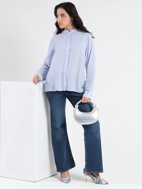 Mesh Insert Madame Tencel Blend Embroidery Detail Blue Shirt